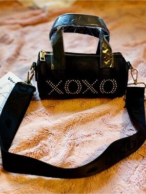 NWT XOXO Black Mini Barrel Bag Studded Logo Crossbody Purse